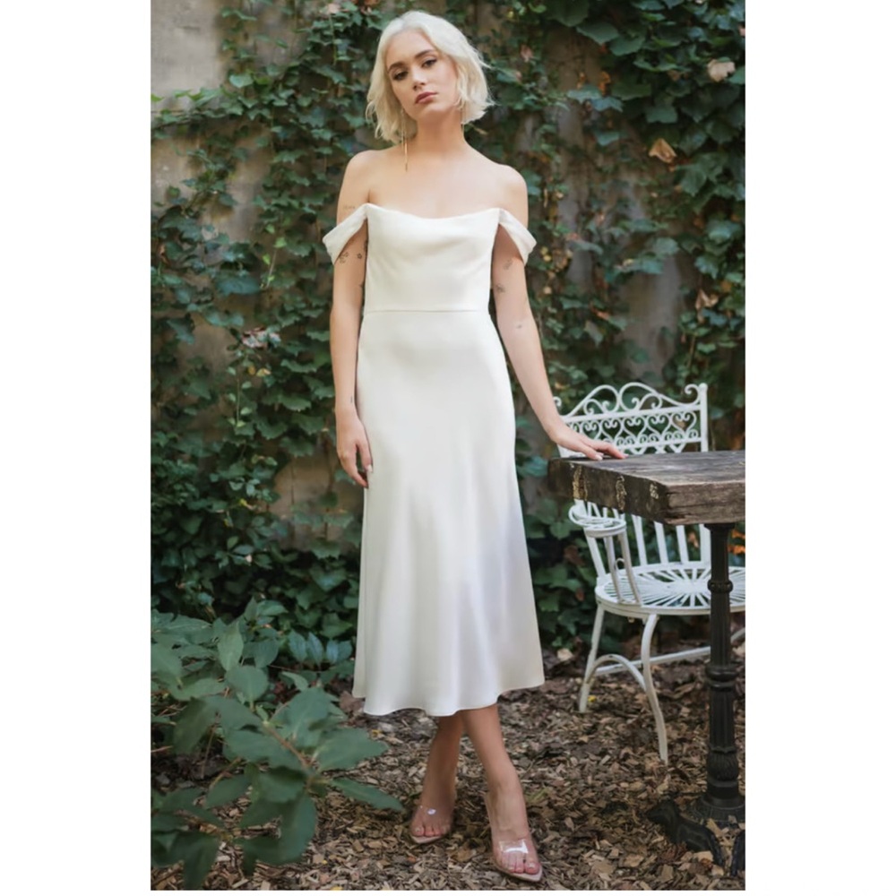 Jenny Yoo Evelyn Off-Shoulder Ivory Midi Dress
